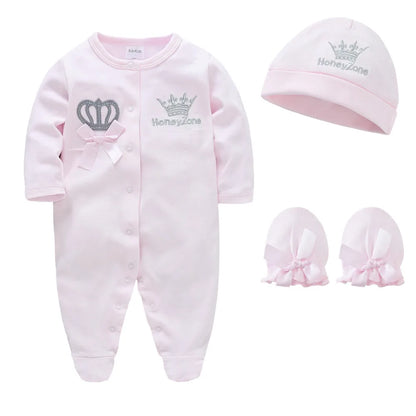 :Baby Crown Cotton Romper – Premium Newborn Sleepsuit Set with Cap and Gloves