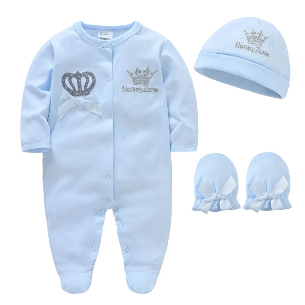 :Baby Crown Cotton Romper – Premium Newborn Sleepsuit Set with Cap and Gloves