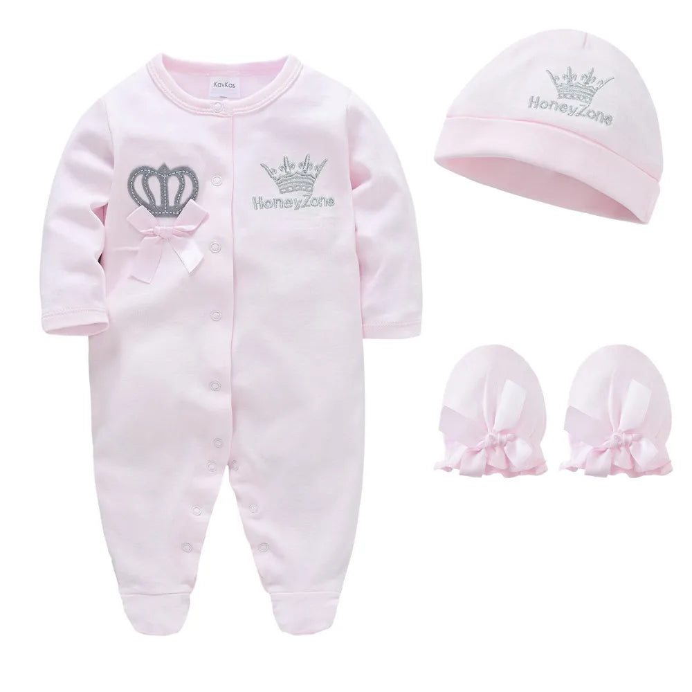 :Baby Crown Cotton Romper – Premium Newborn Sleepsuit Set with Cap and Gloves