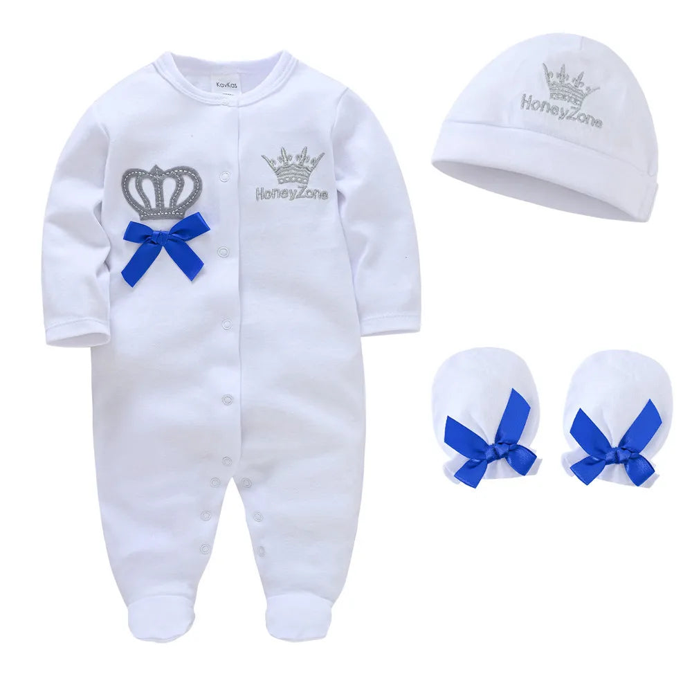 :Baby Crown Cotton Romper – Premium Newborn Sleepsuit Set with Cap and Gloves